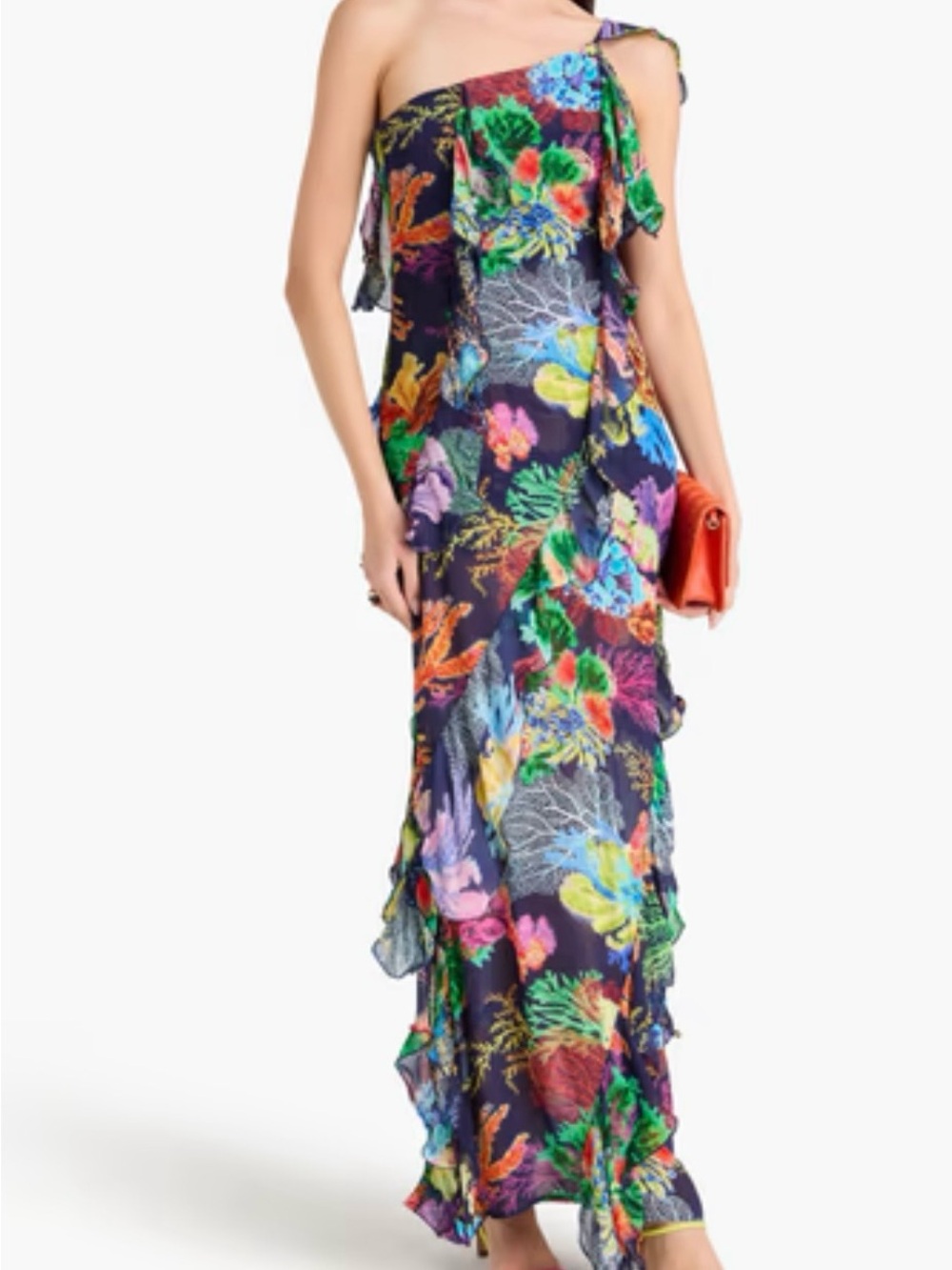 FARM Rio Navy One-Shoulder Floral Ruffle Maxi Dress
